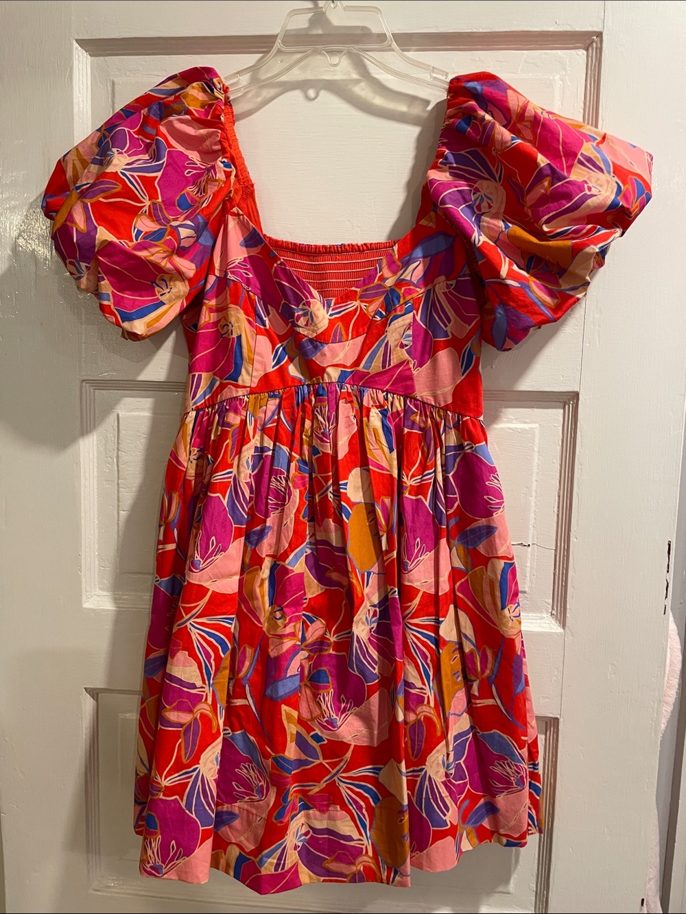 Aqua Floral Puff-Sleeve Floral Dress